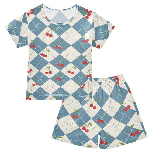 Pajama Short Sets Cherry Diamond Pattern Soft Cotton Summer Sleepwear 2 Piece PJS Size 5-14T