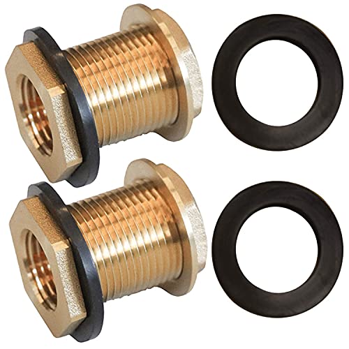 Hourleey Solid Brass Bulkhead Fitting, 1/2" Female 3/4" Male GHT Solid Brass Water Tank Connector Theaded with Rubber Ring (2-pack)
