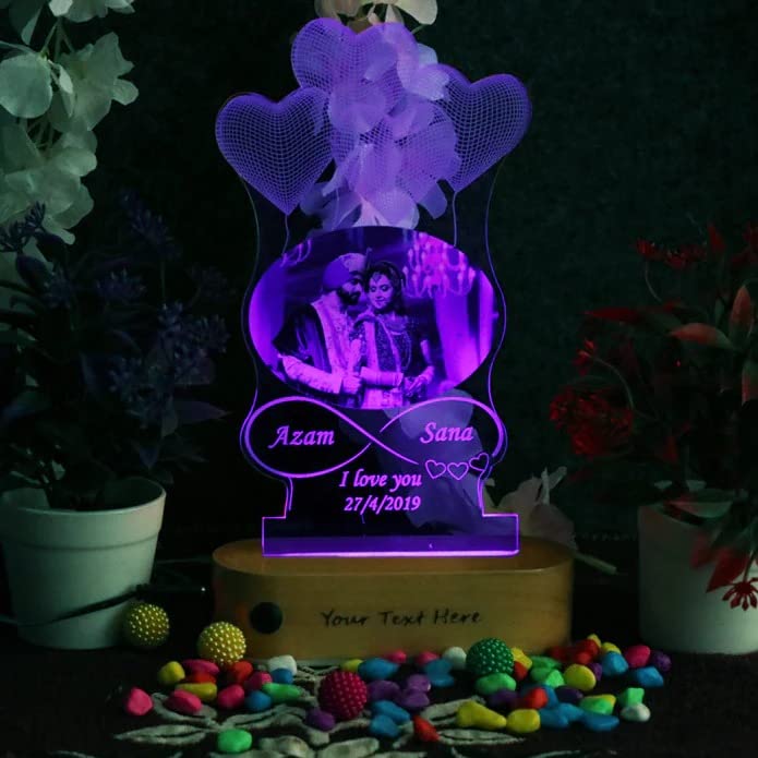 Image of Personalized 3D Illusion LED Night Lamp with Custom Heart-Shaped Photo and Engraving for Couple Gift Anniversary, Wedding, Marriage, Valentine Day Girlfriend Boyfriend- Multicolor
