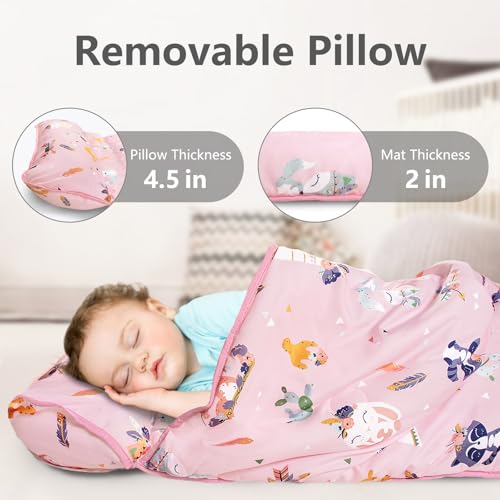 Image of Primlect Thickened Toddler Nap Mat with Removable Pillow and Minky Blanket, Extra Large 55''x35'' Sleeping Bag, Washable, Roll up, Perfect for Daycare, Preschool, Kindergarten, Boys and Girls Pink Fox
