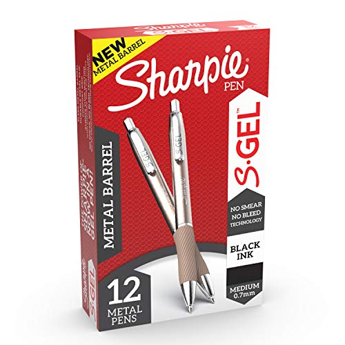 Sharpie S-Gel, Gel Pens, Sleek Metal Barrel, Champagne, Medium Point (0.7mm), Black Ink, 12 Count