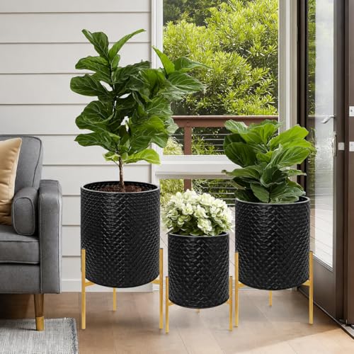 Growsun Plant Pots with Stands, Set of 3 - Indoor Flower Pots with Drain Holes & Rubber Stoppers, Includes Clear Plastic Nursery Pots - Stylish Modern Home Decor for Living Room, Office, and Balcony