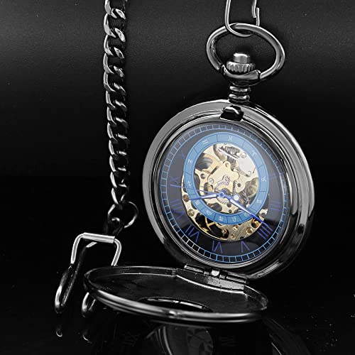 Image of Steampunk Vintage Smooth Roman Carved Case Design Mechanical Hand-Wind with Chain & Box Best Gifts