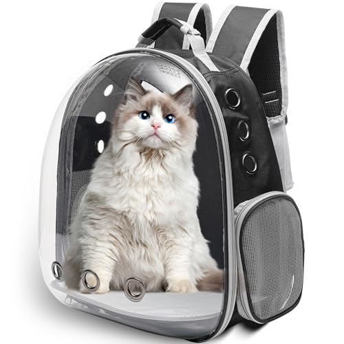 Vivicreate Large Cat Backpack Carrier for Travel and Hiking Transparent Pet Bubble Backpack for Cats up to 20lbs with Ventilation and Padded Straps Mochila para Gatos transportadora mascotas (Black)