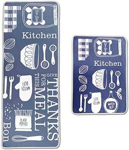 LEEBEI Kitchen Rugs Non slip Washable Navy-Blue Color Floor Mats for Kitchen Bedroom Rugs Set Area Carpets (15.7×23.6 inch+15.7×47.2 inch,Kitchen-Meal)