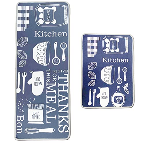 Leebei Kitchen Rugs Non Slip Washable Navy-Blue Color Floor Mats For Kitchen Bedroom Rugs Set Area Carpets (15.7×23.6 Inch+15.7×47.2 Inch,Kitchen-Meal) #TOP3