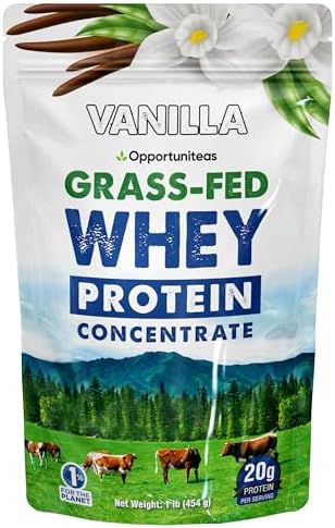Opportuniteas Grass Fed Whey Protein Powder Concentrate - Vanilla - Pure Protein Supplement - Non GMO, Hormone Free & Gluten Free - 1lb