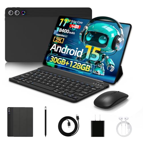 Laptok Tablet 11 Zoll, Android 15 Tablet mit 30 GB RAM + 128 GB ROM + 1 TB TF, 8400 mAh, 2K-Display, 8 MP + 13 MP –Tablet mit Schutzhülle, Maus, Tastatur und Kopfhörern