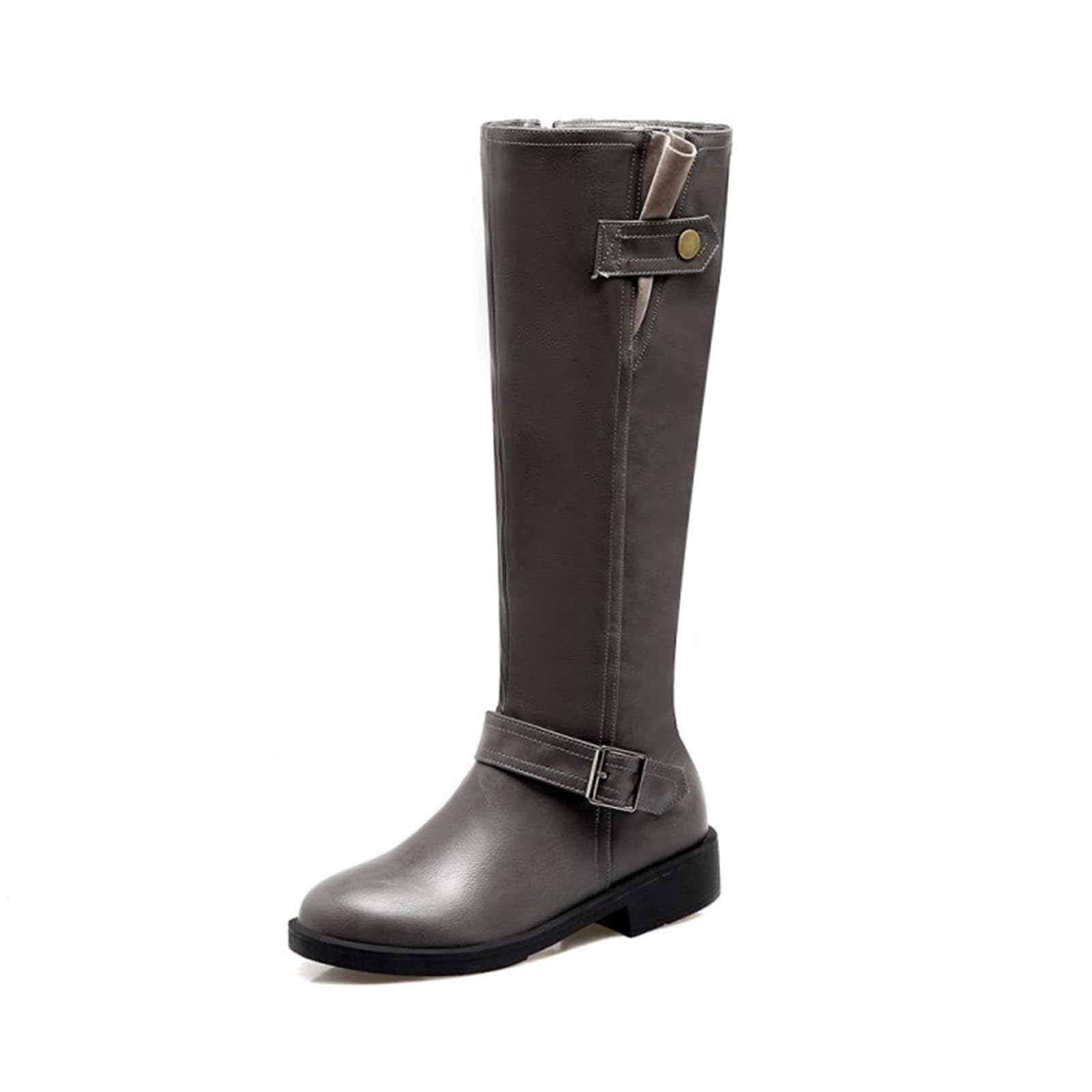 Mujeres Flat Biker Botas Media de la Pantorrilla de la Rodilla Alta Montar Botas largas Gruesas Botas de Moto de tacón bajo con Cremallera Lateral