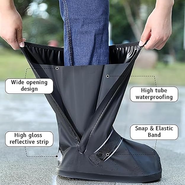 Image of Rain Shoes Cover Waterproof for Men Women Rainy Season (Size-L | 40-42 | 30.5cm) Reusable Anti-Slip Rubber Overshoes TPE Sole Boots Elastic Design Outdoor Footwear Protector (1 Pair | Black)