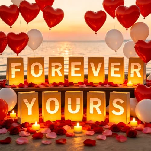 Image of FOREVER YOURS Light Up Letters, with Tea Lights Candles, Rose Petals, Pearlescent Foil Balloons - Luminary Paper Bags, Anniversary Decorations and Valentines' Day Decorations for Your Loved One