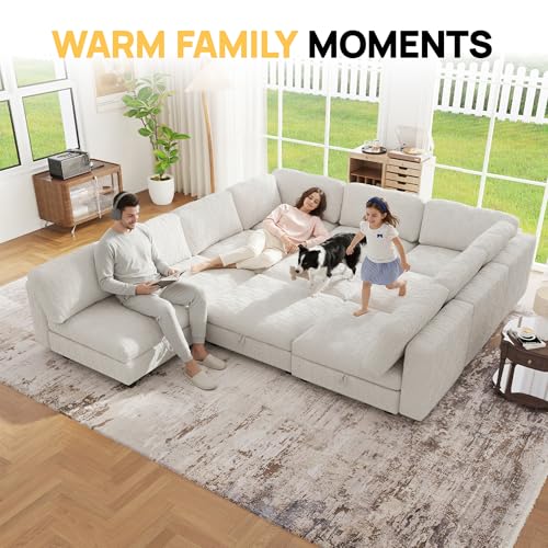 Image of Oversized Modular Sectional Chenille Sofa Bed with Hidden Storage, Comfy Modern 10 Seater Deep Seat Couch, Modular Sectional with Ottoman and Removable Cover for Living Room, Apartment, Beige