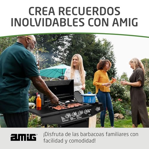 Miniatura 8 de Amig - Barbacoa De Gas Fireplus 4 1 De 9,3 Kw - Acero Inoxidable Negro - Parrilla Con Ruedas Modelo Grill-4f - Barbacoa Xxl Con Carro Y Termómetro - 126x52x103 Cm - 5 Quemadores Y Bandeja Lateral