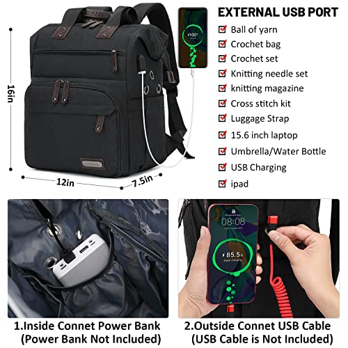 crochet backpackknitting bag backpack yarn storage organizer travel crochet bag with usb charging portyarn tote bag yarn holder case for knitting needles crochet hookscrochet accessoriesblack