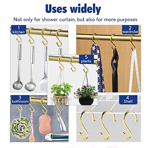 Metal Shower Curtain Hooks,Set of 12 Rings,Rust Resistant S Shaped Hooks Hangers for Shower Curtains, Kitchen Utensils, Clothing, Towels, etc. (Gold) - Image 6