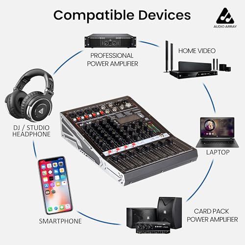 Image of Audio Array AM-Mix6 6-Channel Hybrid USB Audio Mixer with 6 Analog + 2 Digital Inputs, 48kHz /16-Bit, +50dB Mic Gain, PAD Switch, Dual AUX Sends,128 DSP FX, Balanced XLR Main Output, ≥102dB Max SPL