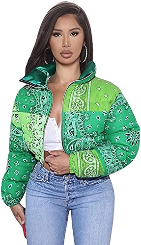 iXubem Women's Cropped Puffer Jackets Full Zip Lightweight Vintage Bandana Shiny Short Winter Bubble Coat Jacket