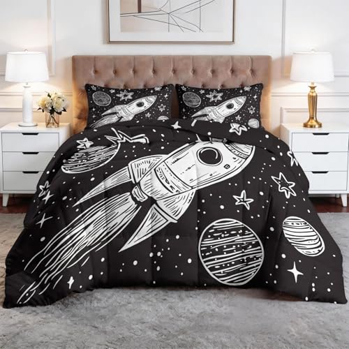 Edredón sin funda de 155 x 220 cm, diseño de cohete espacial de dibujos animados, para cama, hipoalergénico, color blanco y negro