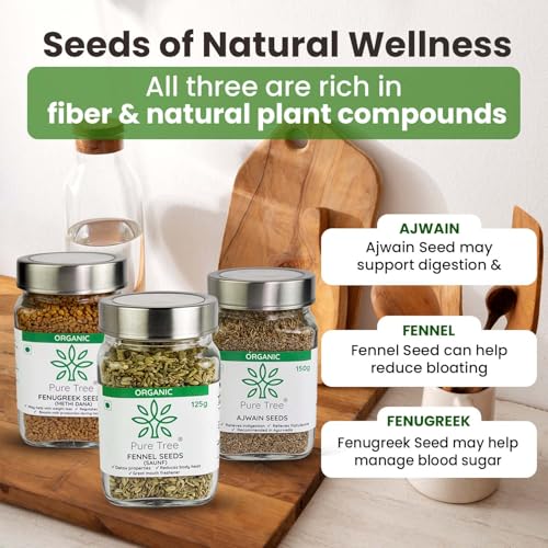 Image of Pure Tree Certified Organic Ajwain 150g, Methi Seeds 250g, Saunf 125g | Glass Jar | Carom, Fenugreek & Fennel | Whole Seeds Vaamu, Methi dana, Variyali Spice Combo Pack