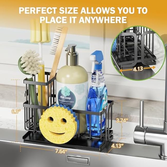 Epicano Sink Caddy Sponge Holder, Smiley Face Sponge Rack with High Brush Holder,Rustproof Kitchen Countertop Organizer,Kitchen Gadgets Sink Accessories, 7.6 x 6.3 x 4.1, Black
