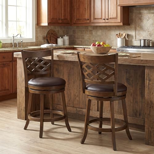 Butacos giratorios Giantex, set de 2 unidades, altura de barra 26 pulgadas, con estructura de madera de caucho, asiento tapizado y reposapiés, estilo mid-century para isla de cocina, café o pub, color marrón miniatura 2