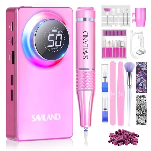 Image of SAVILAND Professional Nail Drill Kit: 50000RPM Rechargeable Electric Nail File Machine E-File with 6000mAh Battery, Ceramic Bits and Stickers for Manicure Pedicure Shaping & Acrylic Removal Salon Use