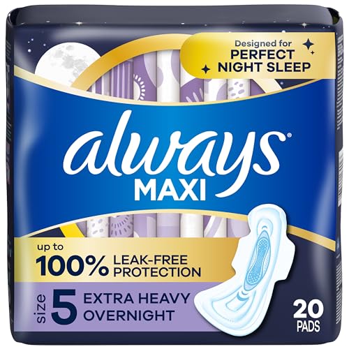 Always Maxi Feminine Pads For Women, Size 5 Extra Heavy Overnight Absorbency, With Wings, Unscented, Pack Of 20