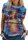 Womens Hawaiian Shirt Sunset Palm Tree Shirt Summer Beach Graphic T-Shirt Tropical Shirts Vacation Tee Tops