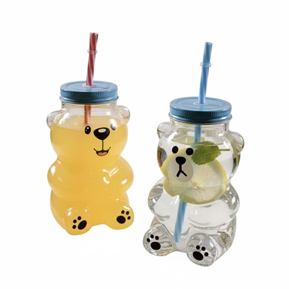 UDSKNV[KSL Kawaii Bear Sippy Cup 19 Oz Clear Glass with Lid and Straw Cute Glass Bottle Mug for Juice Milk Tea