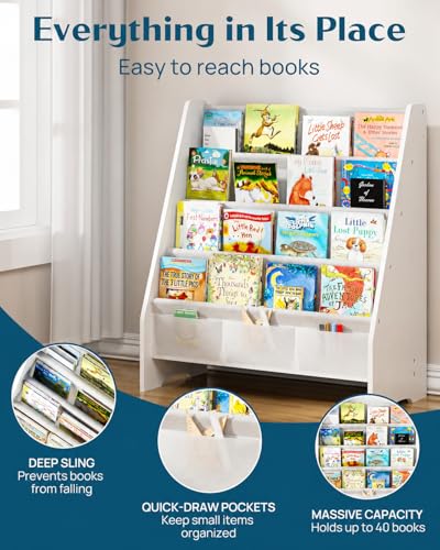 Image of SEIRIONE Sturdy Kids Bookshelf, 4-Tier Book Shelf for Kids Room with Oxford Fabric-Nursery Room Playroom Classroom, Deep Slings to Keep Books Upright, Ideal Height for Toddler Age 3+, Matte White