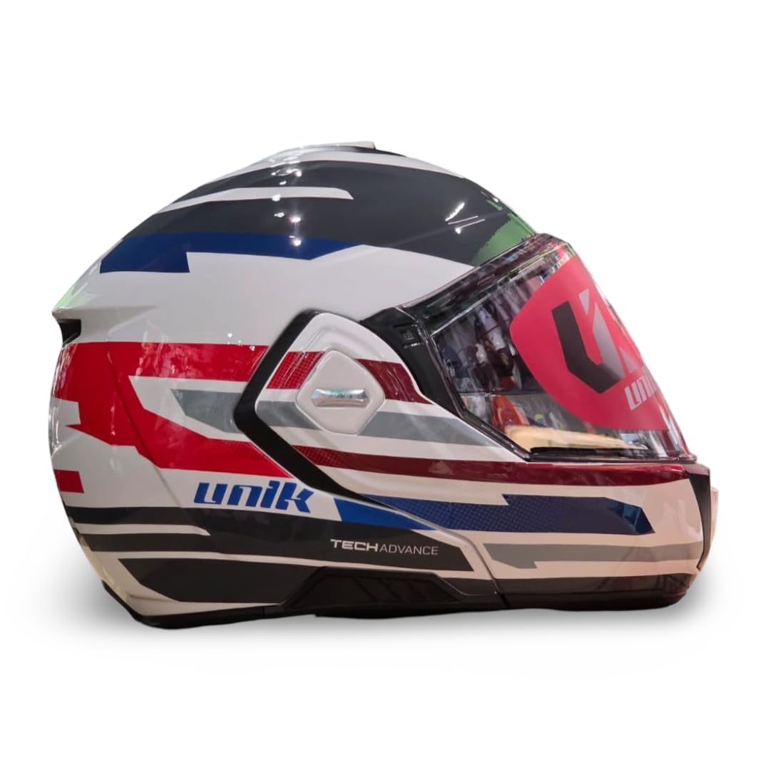 unik Casco Modular Abatible 180 Spectrum Moto Adultos Visera Solar Doble Policarbonato 2 Calotas Ventilación Frontal Trasera Cierre Micrométrico - Blanco Roj Azul , Talla M