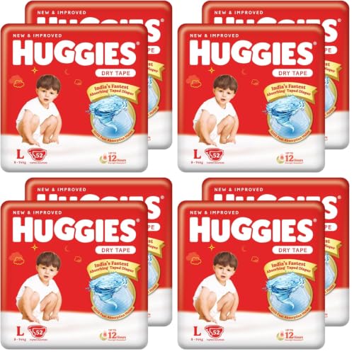 Image of Huggies Complete Comfort Dry Tape Large (L) Size Baby Tape Diapers, Combo Pack of 8, 104 count, with 5 in 1 Comfort (52 Count, Pack of 8)