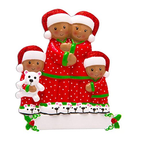 Pajama African-American Family of 4 Personalized Christmas Ornament