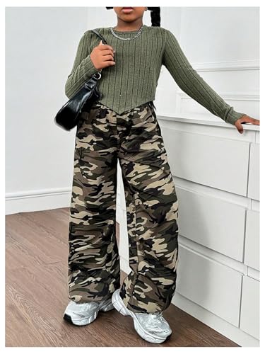 Image of Floerns Girl's Long Sleeve Tee Shirt with Camo Print Pants Set 2 Piece Outfit