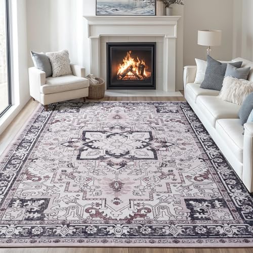 8x10 Area Rugs, Large Area Rug for Living Room, Floral Washable Area Rug for Bedroom, Office, Dining Room, Non-Slip Vintage Boho Rug, Low-Pile Soft Carpet, Traditional Oriental Style, Black and Pink