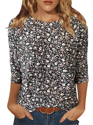 Image of JomeDesign Womens Tops 3 /4 Sleeve Shirts Round Neck Loose Casual Blouses Floral Print Tshirts