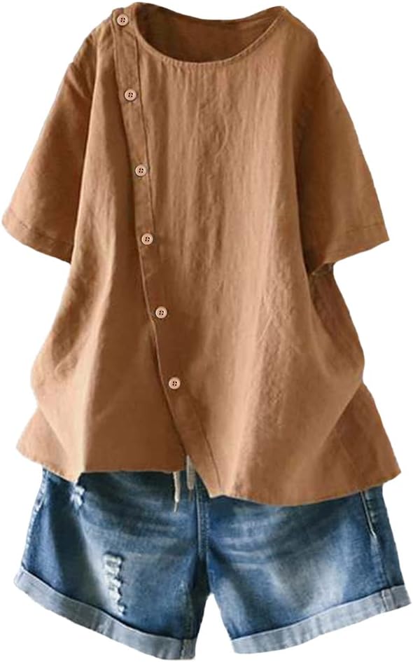FTCayanz Women's Cotton Linen Tunic Tops Short Sleeve Casual Loose Fit T-Shirt Blouses