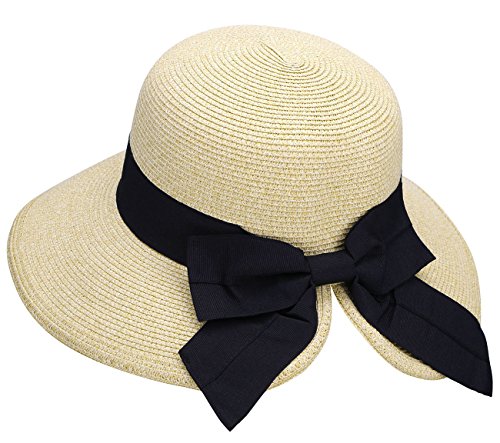 Summer Hat for Women Big Brim Women s Sun Hat UPF 50+ Foldable Portable Floppy Straw Beach Hat Womens Hats with Brim for Sun Protection,Beige with Black Bow