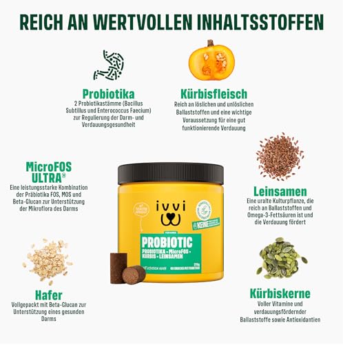 ivvi PROBIOTIC Hunde Probiotika als Leckerli - Hund Darmflora aufbauen, verbesserte Verdauung & Immunsystem - 60 leckere Snacks (270g) mit Erdnussbutter