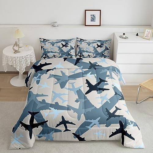 Homewish Aircraft Comforter Set Full Size Grey Blue Army Camo Bedding Set 3Pcs for Kids Boys Teens Men Bedroom Decor Camouflage Airplane Quilt Set Modern Micorfiber Duvet Insert,2 Pillowcases