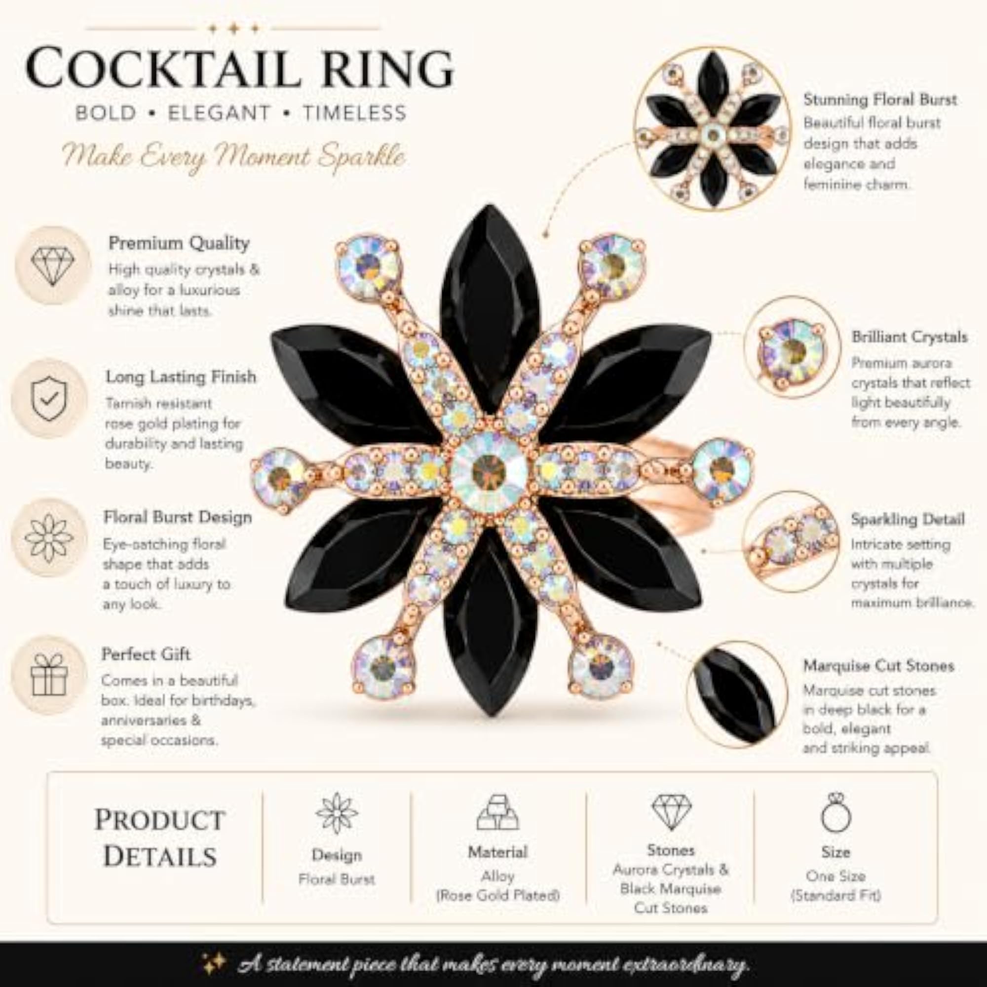 Women's Midnight Bloom Rose Plated Cocktail Ring, Floral Statement