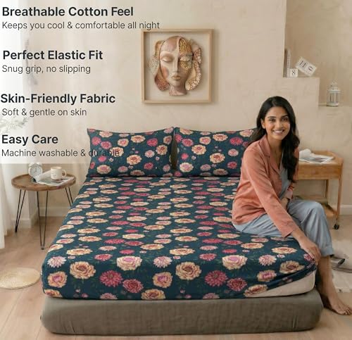 Image of VAS COLLECTIONS Cloud Cotton Corner Elastic Fitted Double Bedsheet Set (78 x 72 + 8 Inches) with 2 Pillow Covers | 160-180 TC Soft Breathable Cotton Fitted Sheet | Bed Sheet (Midnight Bloom)