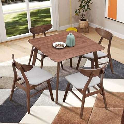 JASONBLUE Wooden Dining Table Set, Modern Simple Design Square Kitchen Table and Fabric Upholstered Dining Chairs for Dining Room, Kitchen, Saving Space (Walnut, 35.43" Square Table+4 Chairs) Cover