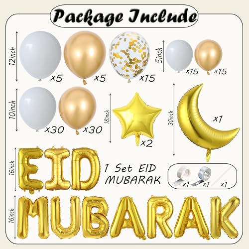 Image of Eid Mubarak Decorations, Ramadan Decorations for Home, 131Pcs White Gold Confetti Balloons Arch Garland Kit with Eid Mubarak Moon Star Foil Balloons for Eid al-Fitr Party