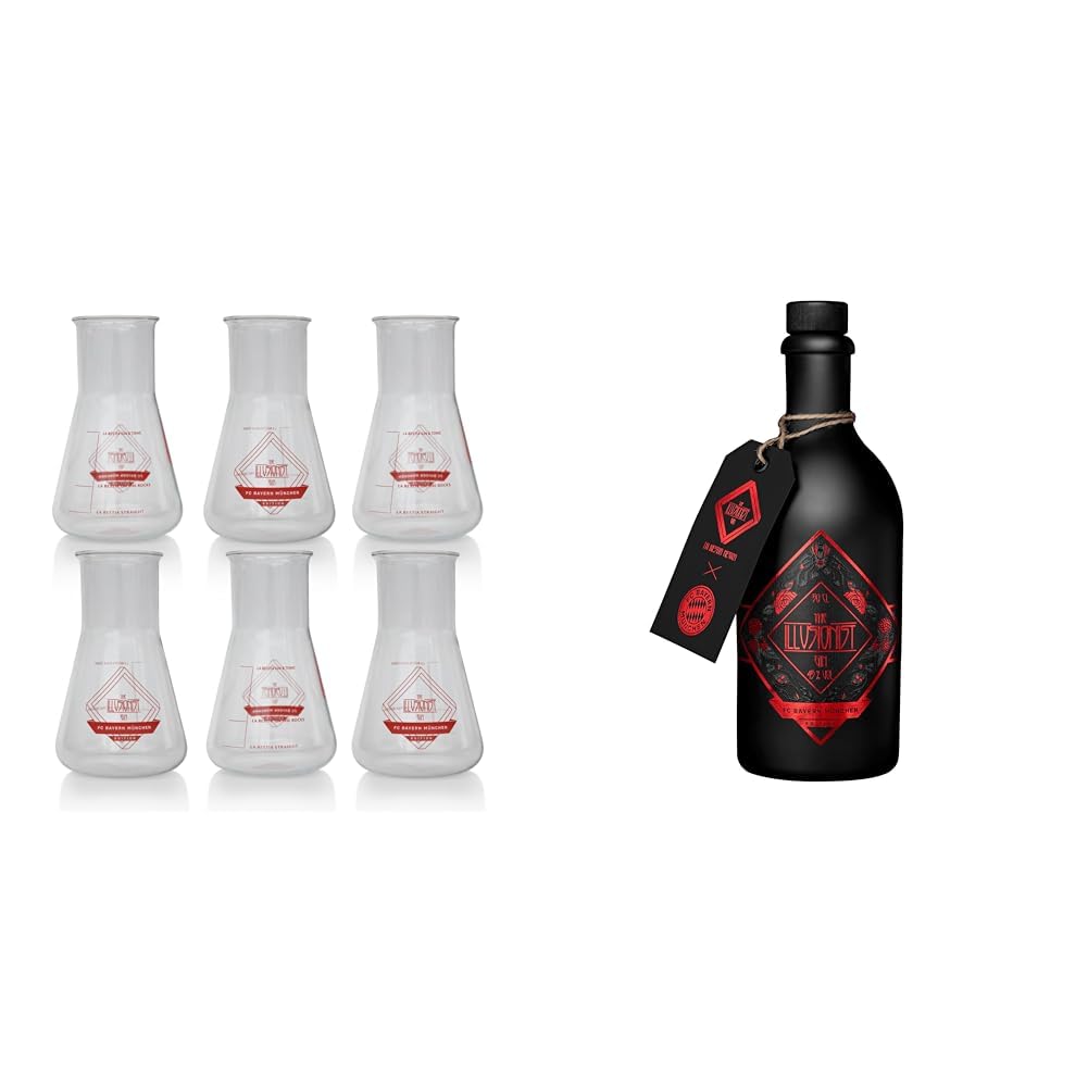 The Illusionist Gin & Tonic, Set di 6 Bicchieri FC Bayern München Edition, 250ml + The Illusionist Gin FC Bayern Munich Edition, 500ml, 45% Vol, Cambiamento di Colore da Nero a Rosso, La Bestia Negra