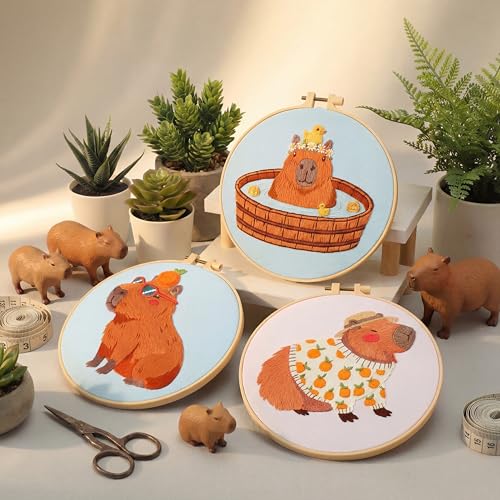 Image of Mindsoft 3 Set Needlepoint Kit for Beginners with Hoop,Capybara | Bamboo Hoop Thread Needles Instructions, Easy Hand Embroidery for Beginners Home Crafts,Pre-stamped Funny Cute Designs
