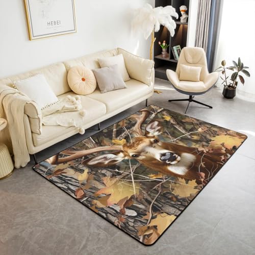 Erosebridal Kids Deer Area Rug 3x5 Boys Hunting Animal Antlers Accent Rug Set Bedroom Decor Girls Oil Painting Deer Carpet Woodland Trees Leaves Indoor Floor Mat Non Shedding