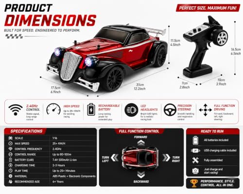 Image of 1:16 RC Drift Car 4WD High-Speed Remote Control Vintage Racing Car with 2.4 GHz Steering Controller, LED Lights, Rechargeable Battery, 35 km /h Toy Car for Kids Adults