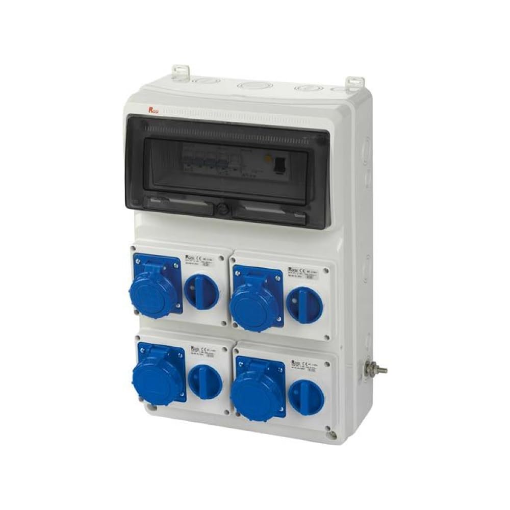 ASC Stacjonarna tablica rozdzielcza 6KW 230 V IP65 - 4 gniazda blokowane 16 A, 2 P+T, IP67 jednofazowy, tworzywo sztuczne ABS IK08 - przycisk awaryjny - różnicowy magnetotermiczny 40 A