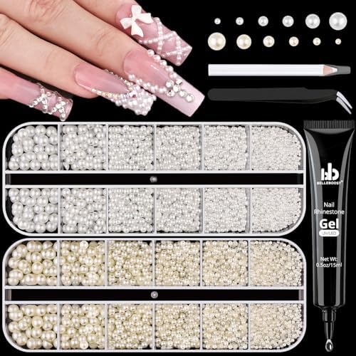 2 Boxes Flatback Pearls (White+Beige) with Rhinestones Glue Gel f...